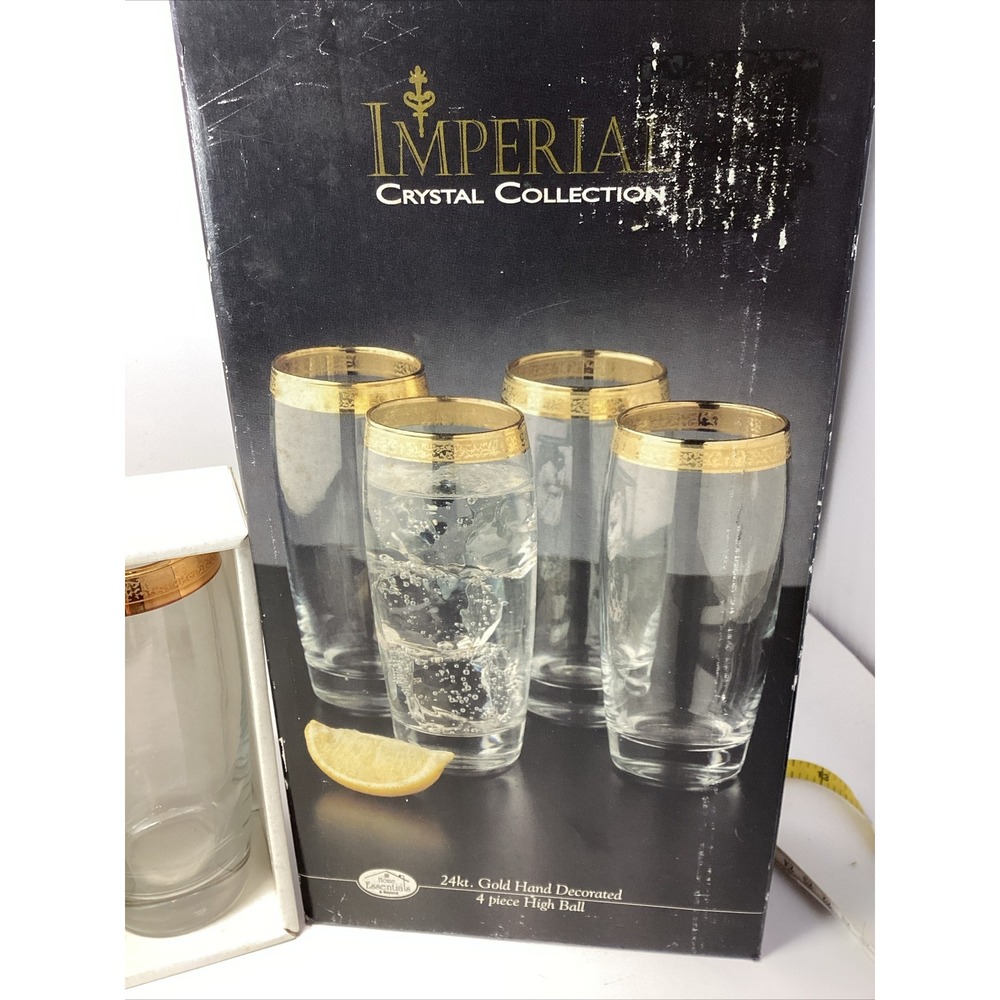 Imperial Crystal Collection Tumblers High Ball Glasses 24kt Gold Set of 4 - Picture 2 of 6
